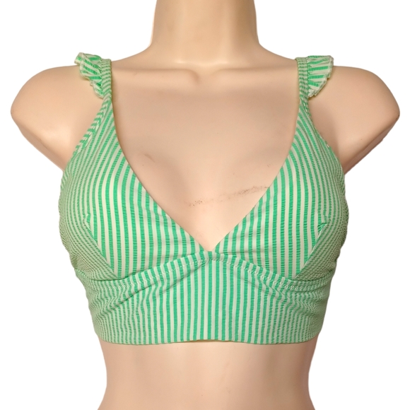 aerie Other - AERIE Bright Green White Thin Stripe Print Ruffle Triangle Bikini Top Medium
